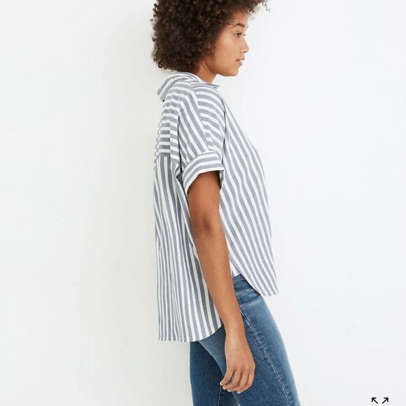 Madewell Daily Shirt In Stripe Short Sleeve Button Front Blue White Size Small - Picture 2 of 10